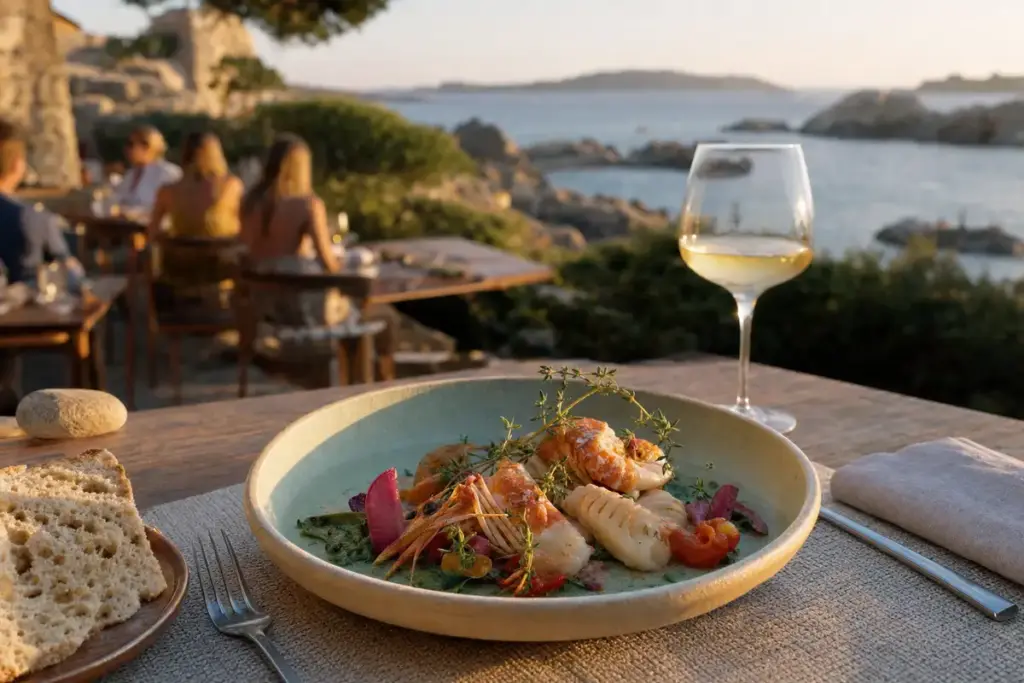 Piatto di pesce con erbe e verdure, pane e calice di vino bianco su terrazza vista mare al tramonto
