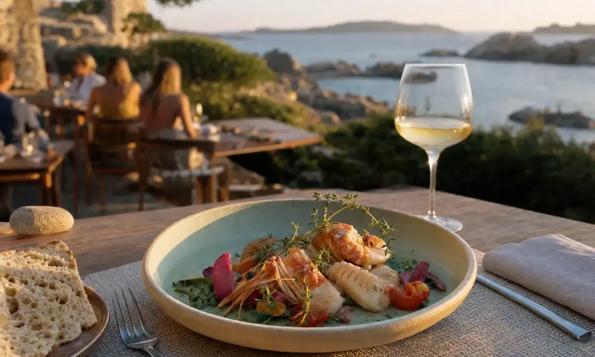 Piatto di pesce con erbe e verdure, pane e calice di vino bianco su terrazza vista mare al tramonto