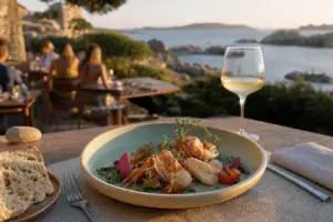 Piatto di pesce con erbe e verdure, pane e calice di vino bianco su terrazza vista mare al tramonto