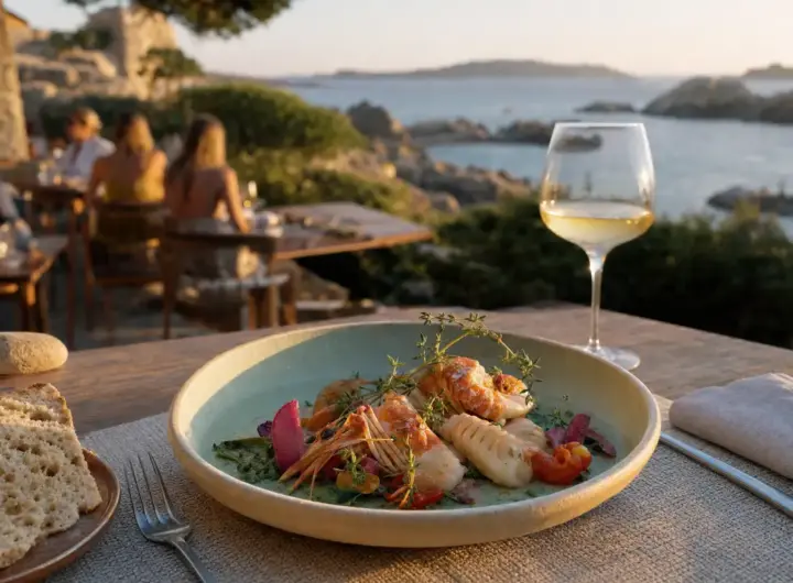 Piatto di pesce con erbe e verdure, pane e calice di vino bianco su terrazza vista mare al tramonto