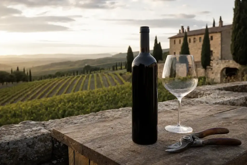 Bottiglia di vino senza etichetta, calice vuoto e cesoie su tavolo rustico con vigneto e casale sullo sfondo