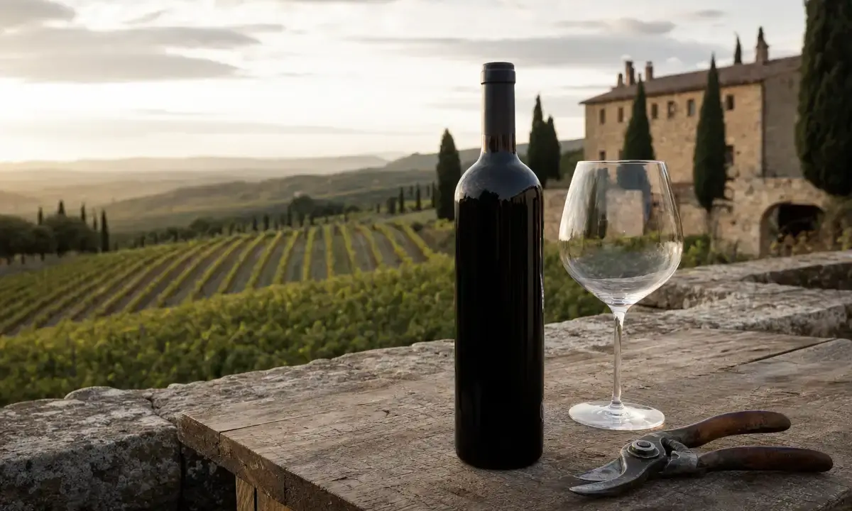 Bottiglia di vino senza etichetta, calice vuoto e cesoie su tavolo rustico con vigneto e casale sullo sfondo