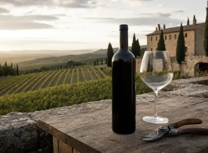 Bottiglia di vino senza etichetta, calice vuoto e cesoie su tavolo rustico con vigneto e casale sullo sfondo