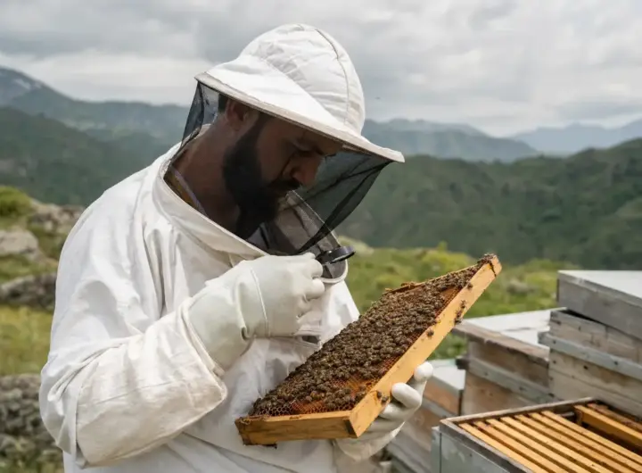 Apicoltore in tuta protettiva controlla un telaino pieno di api con una lente d’ingrandimento, con alveari e montagne sullo