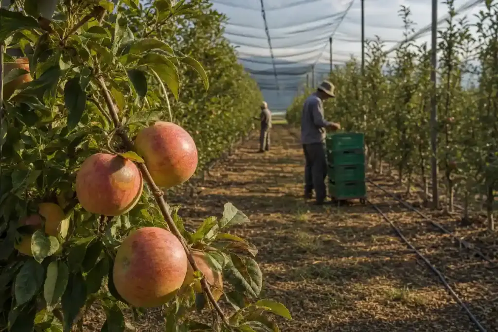 Mele su un ramo in primo piano in un frutteto con reti ombreggianti e due lavoratori tra i filari