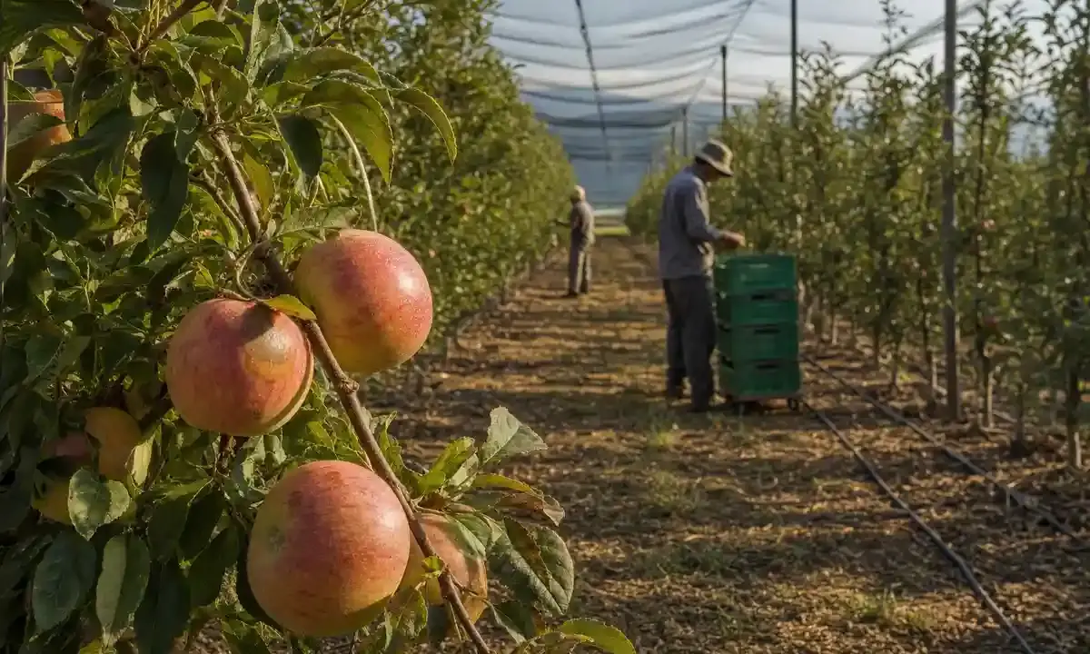 Mele su un ramo in primo piano in un frutteto con reti ombreggianti e due lavoratori tra i filari