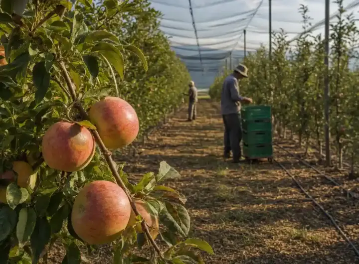 Mele su un ramo in primo piano in un frutteto con reti ombreggianti e due lavoratori tra i filari