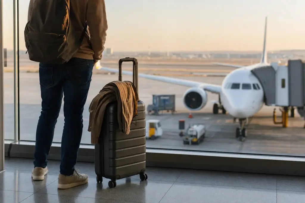 Viaggiatore con zaino e trolley vicino a una vetrata in aeroporto, con aereo parcheggiato sulla pista