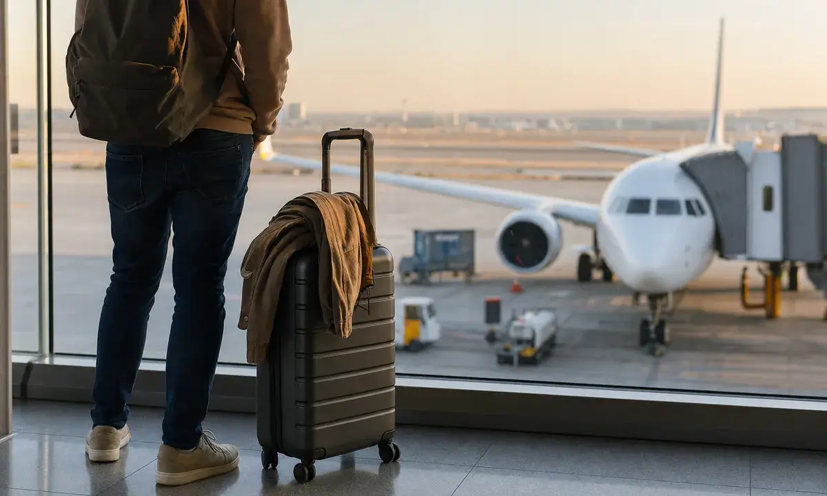 Viaggiatore con zaino e trolley vicino a una vetrata in aeroporto, con aereo parcheggiato sulla pista
