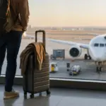 Viaggiatore con zaino e trolley vicino a una vetrata in aeroporto, con aereo parcheggiato sulla pista