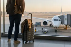 Viaggiatore con zaino e trolley vicino a una vetrata in aeroporto, con aereo parcheggiato sulla pista