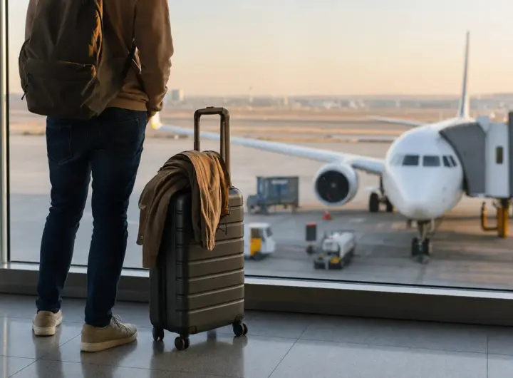 Viaggiatore con zaino e trolley vicino a una vetrata in aeroporto, con aereo parcheggiato sulla pista