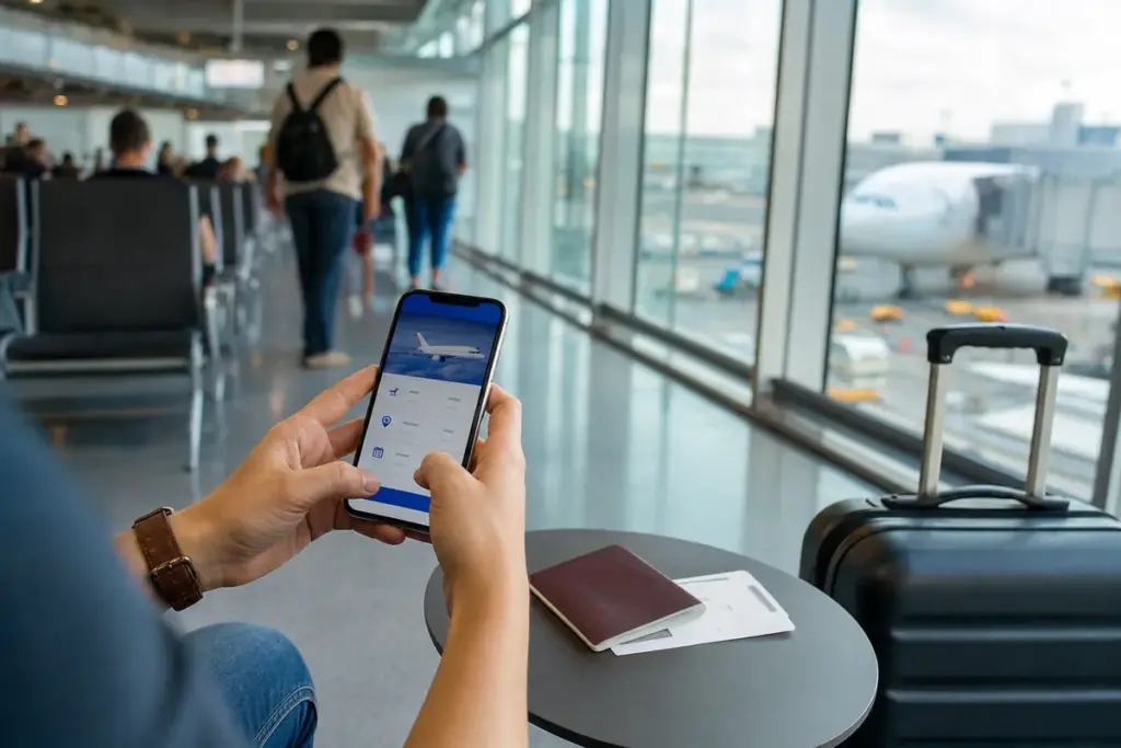 Mani con smartphone per prenotare un volo in aeroporto, con passaporto, carta d’imbarco e trolley sullo sfondo