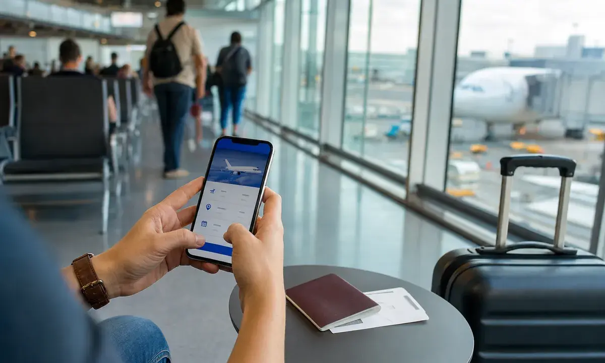 Mani con smartphone per prenotare un volo in aeroporto, con passaporto, carta d’imbarco e trolley sullo sfondo