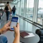 Mani con smartphone per prenotare un volo in aeroporto, con passaporto, carta d’imbarco e trolley sullo sfondo