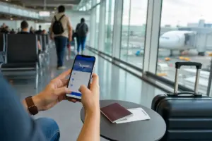 Mani con smartphone per prenotare un volo in aeroporto, con passaporto, carta d’imbarco e trolley sullo sfondo