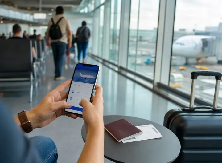 Mani con smartphone per prenotare un volo in aeroporto, con passaporto, carta d’imbarco e trolley sullo sfondo