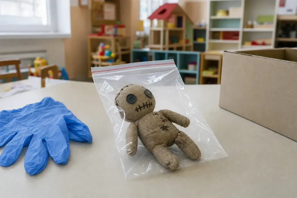 Bambolina di stoffa tipo voodoo in un sacchetto di plastica richiudibile su un tavolo, con guanti monouso accanto