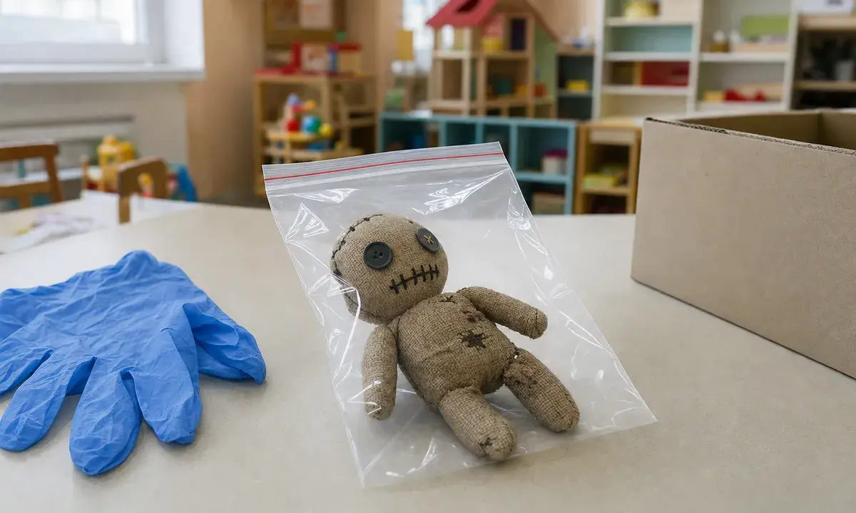 Bambolina di stoffa tipo voodoo in un sacchetto di plastica richiudibile su un tavolo, con guanti monouso accanto