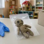 Bambolina di stoffa tipo voodoo in un sacchetto di plastica richiudibile su un tavolo, con guanti monouso accanto