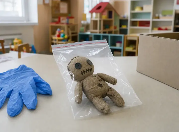Bambolina di stoffa tipo voodoo in un sacchetto di plastica richiudibile su un tavolo, con guanti monouso accanto
