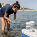 Tecnica in guanti blu raccoglie un campione d’acqua in mare basso vicino alla riva, con contenitori e termometro su un frigo