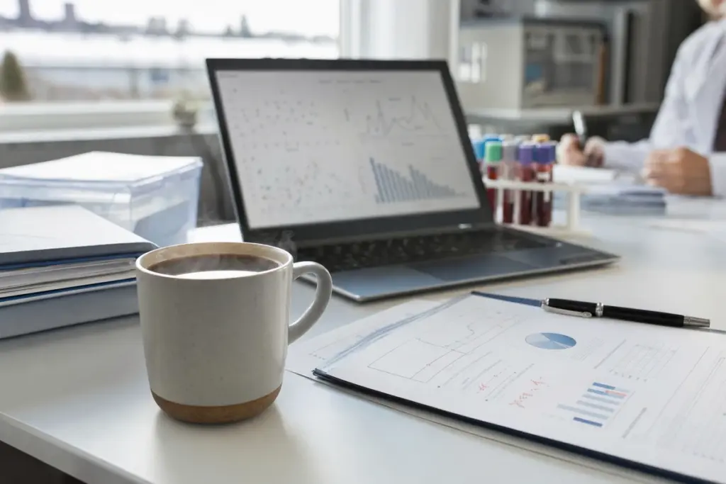 Tazza di caffè fumante su una scrivania con grafici, laptop e provette da laboratorio sullo sfondo