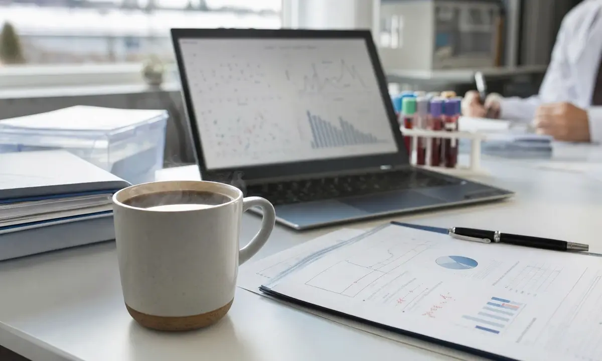 Tazza di caffè fumante su una scrivania con grafici, laptop e provette da laboratorio sullo sfondo