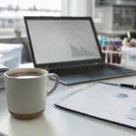 Tazza di caffè fumante su una scrivania con grafici, laptop e provette da laboratorio sullo sfondo