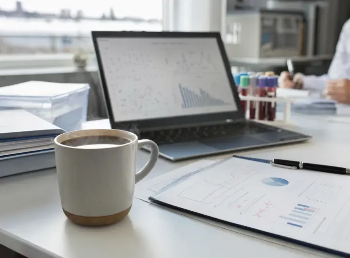 Tazza di caffè fumante su una scrivania con grafici, laptop e provette da laboratorio sullo sfondo