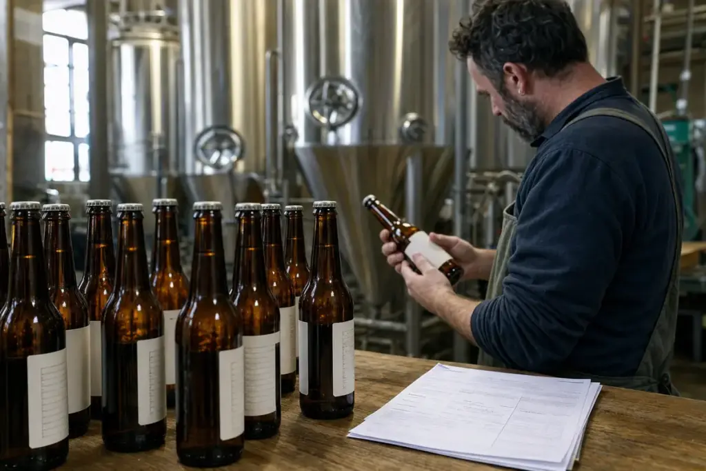 Operatore in microbirrificio controlla l’etichetta di una bottiglia accanto a birre e documenti su un banco