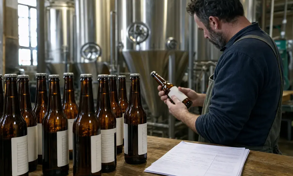 Operatore in microbirrificio controlla l’etichetta di una bottiglia accanto a birre e documenti su un banco