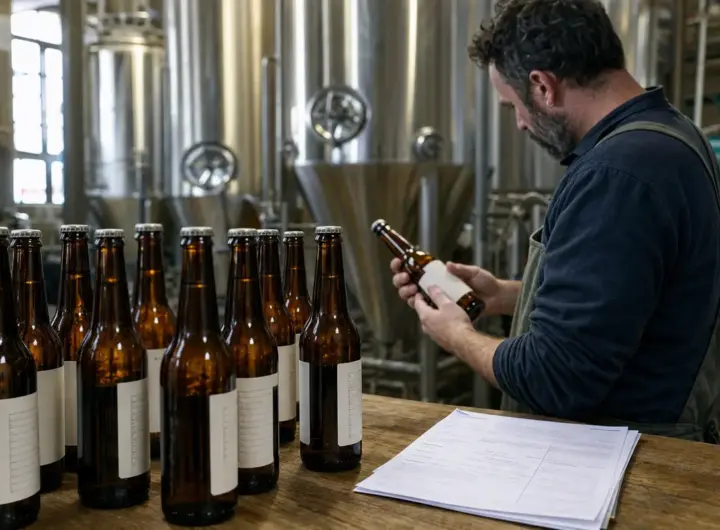 Operatore in microbirrificio controlla l’etichetta di una bottiglia accanto a birre e documenti su un banco