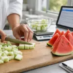 Mani che tagliano a cubetti la buccia di anguria su un tagliere, con fette di anguria e bilancia da cucina sullo sfondo