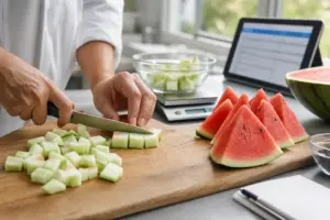 Mani che tagliano a cubetti la buccia di anguria su un tagliere, con fette di anguria e bilancia da cucina sullo sfondo