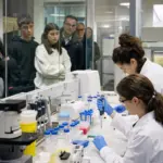 Ricercatrici in camice e guanti lavorano al banco con provette e pipette, mentre cittadini osservano dietro un vetro