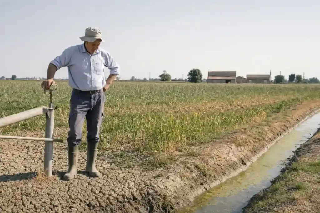 Agricoltore in cappello e stivali accanto a un canale con poca acqua, in un campo arido e ingiallito