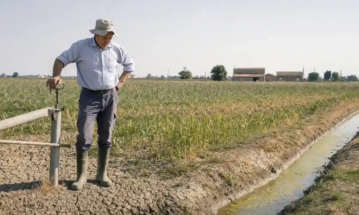 Agricoltore in cappello e stivali accanto a un canale con poca acqua, in un campo arido e ingiallito
