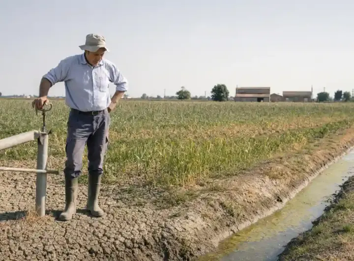 Agricoltore in cappello e stivali accanto a un canale con poca acqua, in un campo arido e ingiallito