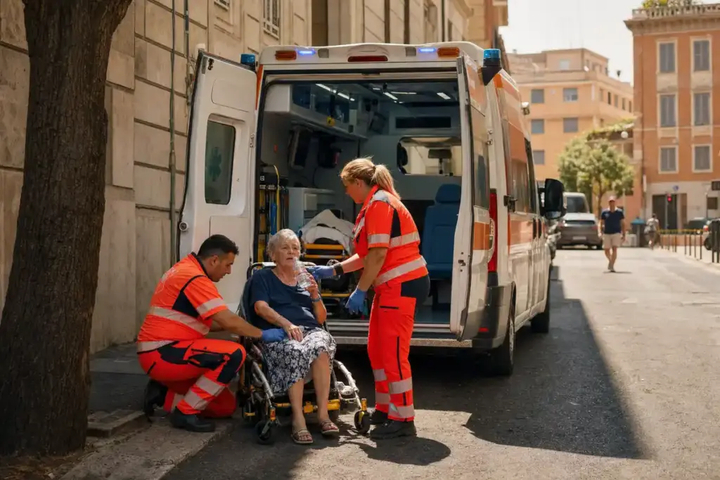 Soccorritori in divisa arancione assistono un’anziana su sedia barellata accanto a un’ambulanza con portelloni aperti