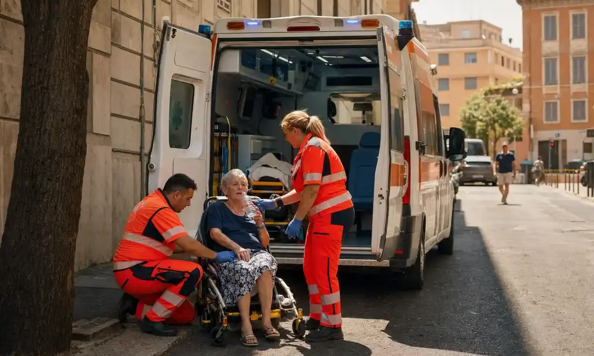 Soccorritori in divisa arancione assistono un’anziana su sedia barellata accanto a un’ambulanza con portelloni aperti