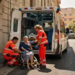 Soccorritori in divisa arancione assistono un’anziana su sedia barellata accanto a un’ambulanza con portelloni aperti