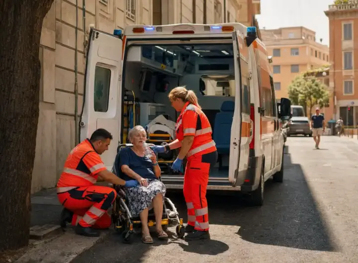 Soccorritori in divisa arancione assistono un’anziana su sedia barellata accanto a un’ambulanza con portelloni aperti