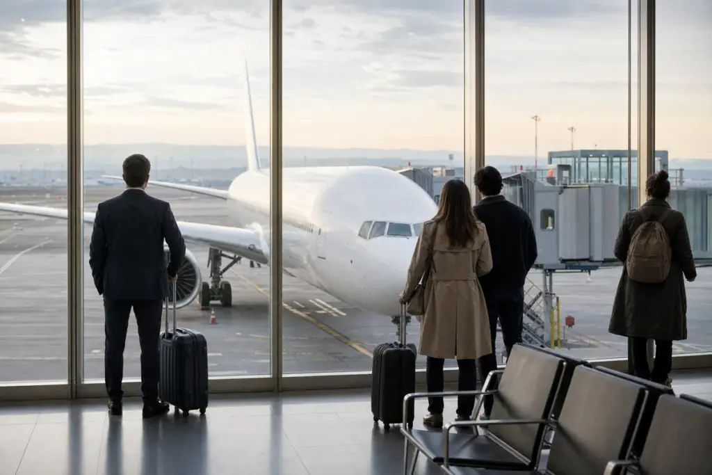 Viaggiatori in attesa davanti alle vetrate dell’aeroporto, con un aereo di linea al gate collegato al finger