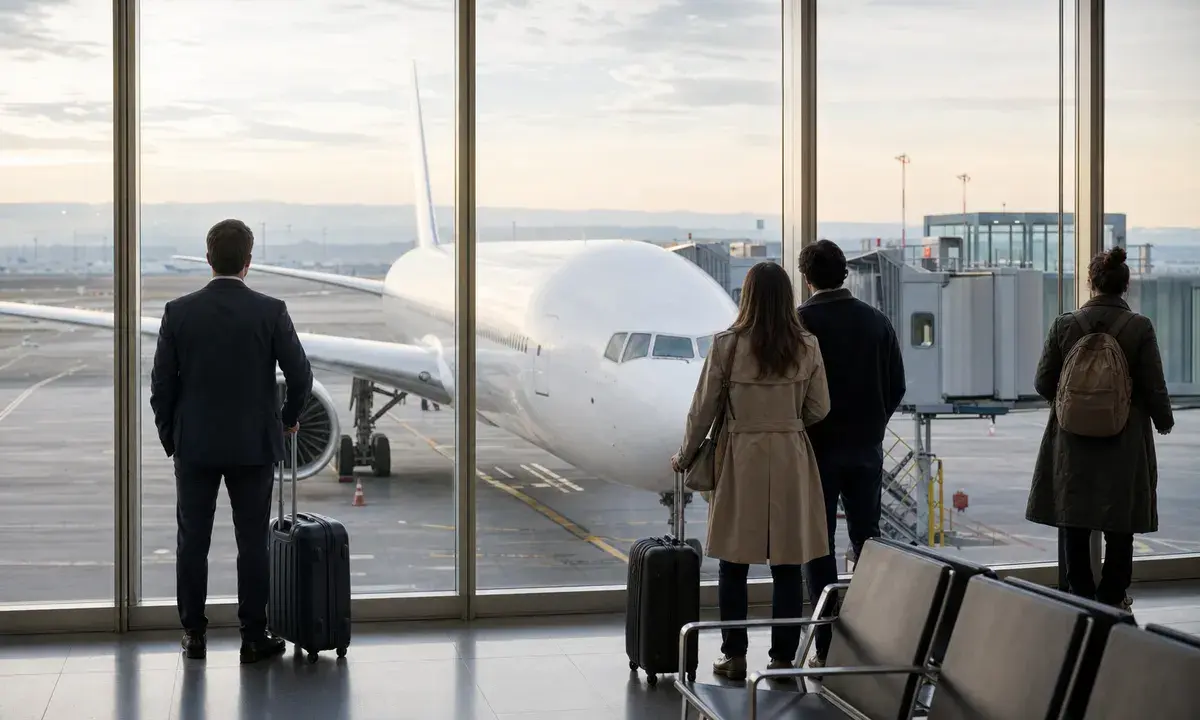 Viaggiatori in attesa davanti alle vetrate dell’aeroporto, con un aereo di linea al gate collegato al finger