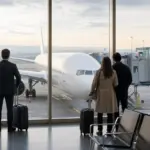 Viaggiatori in attesa davanti alle vetrate dell’aeroporto, con un aereo di linea al gate collegato al finger
