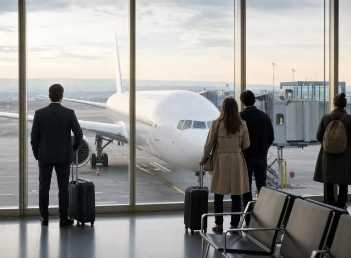 Viaggiatori in attesa davanti alle vetrate dell’aeroporto, con un aereo di linea al gate collegato al finger