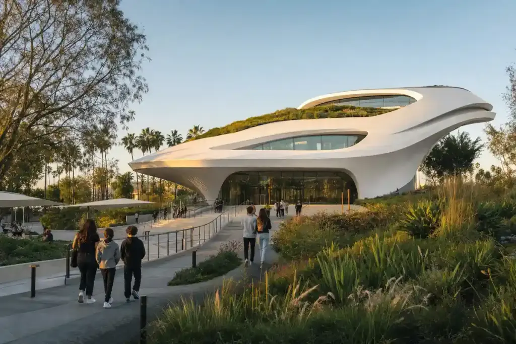 Edificio museale bianco e futuristico con tetto verde, giardini e visitatori che camminano verso l’ingresso al tramonto