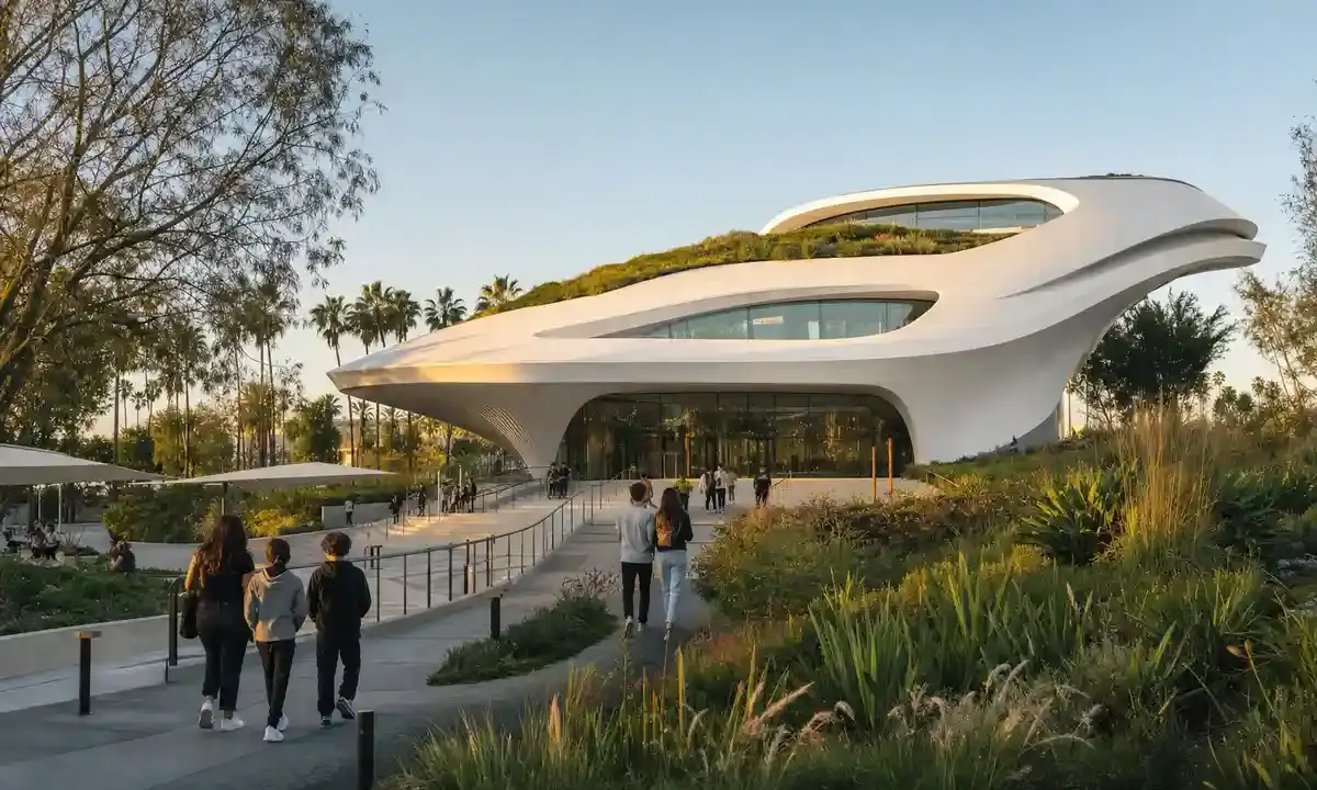 Edificio museale bianco e futuristico con tetto verde, giardini e visitatori che camminano verso l’ingresso al tramonto