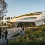 Edificio museale bianco e futuristico con tetto verde, giardini e visitatori che camminano verso l’ingresso al tramonto